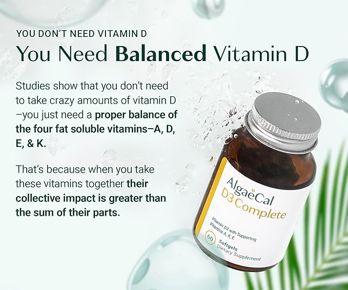 ALGAECAL 4-in-1 Vitamin D3 K2 Complete - ADK Vitamin Supplement Enhanced Immune Support &amp Bone Health with D3 K2 A &amp E - Whole Body Wellness &amp Bone Strength Easy-Swallow Softgels 6 Mo