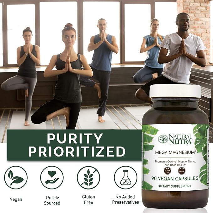 Natural Nutra Mega Magnesium 400mg Supplement - High Absorption Amino Acid Chelate Better Vibes Citrate Malate Blend for Muscle Growth Bone Strength Heart Health Nerve Support - 90 Capsules