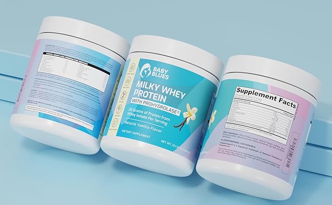 Baby Blues Lactation Protein Powder for Breastfeeding Moms | 26g Whey Protein Isolate | Breastfeeding Safe Postpartum Protein with Sunflower Lecithin &amp ProHydrolase | Fenugreek Free | Vanilla
