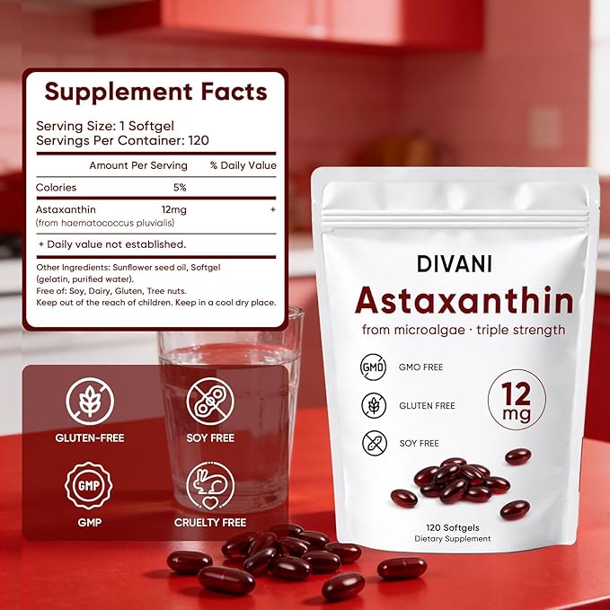 DIVANI Astaxanthin Astaxanthin 12mg Antioxidant Supplement for Daily Wellness Immune Eye &amp Skin Support Non-GMO Gluten Free - 120 Softgels (1)