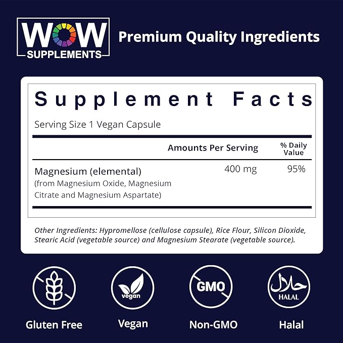 WOW Supplements Magnesium 400 mg Complex - Supplement for Men and Women - Citrate Aspartate &amp Magnesium Oxide 400mg - 180 Capsules