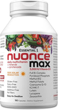 ANDREW LESSMAN Essential-1 nuonce max Multivitamin 3000 IU Vitamin D3 180 Small Capsules. 100 mcg Methyl B12. CoQ10 Lutein Lycopene Zeaxanthin. High Potency. No Additives. Ultra-Mild One Daily Capsule