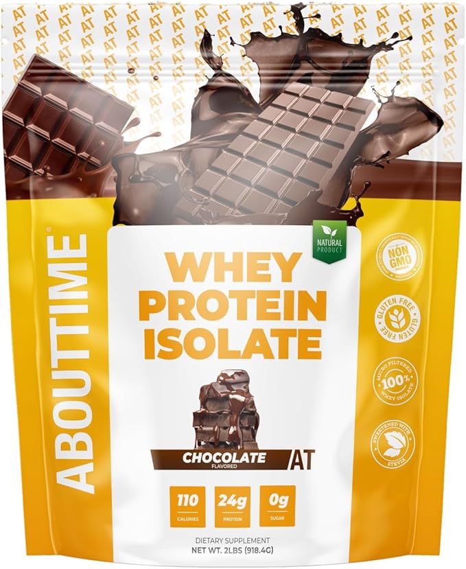 About Time Whey Protein Isolate Powder 24g Chocolate Natural Ingredients Non-GMO Gluten-Free Lactose-Free Zero Sugar Low Carb 32 Servings