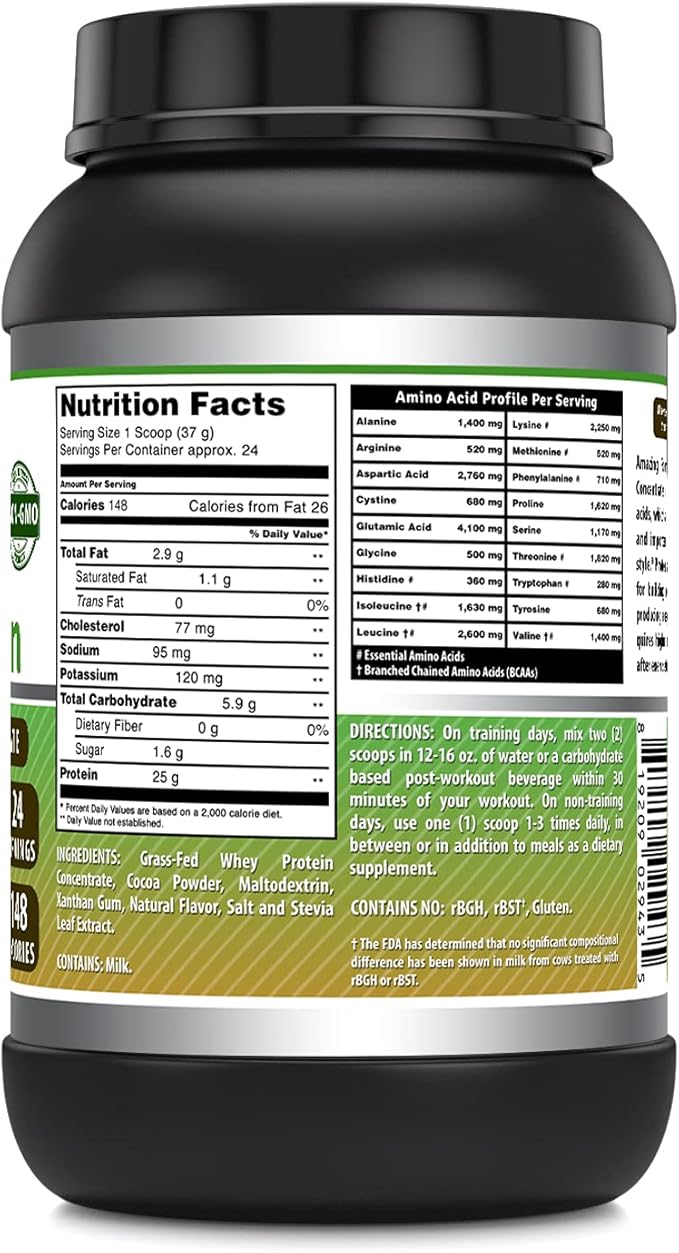 Amazing Formulas Grass-Fed Whey Protein Powder | 25 Grams Protein Supplement | Natural Sweetener and Flavor | Contains BCAA &amp EAA | Non-GMO | Made in USA (2 Lb Chocolate)