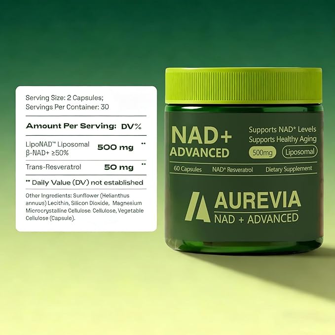 Aurevia NAD Advanced Supplement Aurevia NAD+ Advanced 500mg Liposomal for Energy &amp Cellular Health - Women &amp Men 60 Capsules (1pcs)