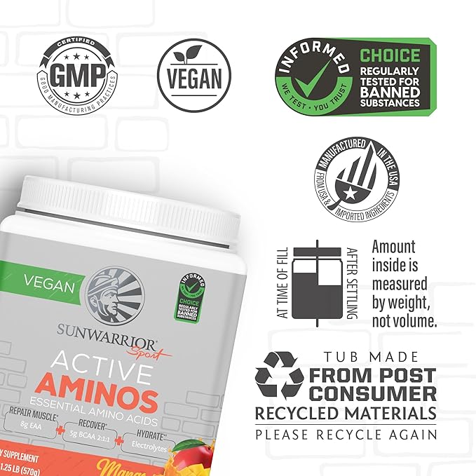 Sunwarrior Amino Acids Amino Energy Powder Essential Amino Acids EAA &amp BCAA | Muscle Repair Hydration &amp Recovery | Promote Wellness Strength &amp Endurance | Mango Flavor | 30 Servings | Acti