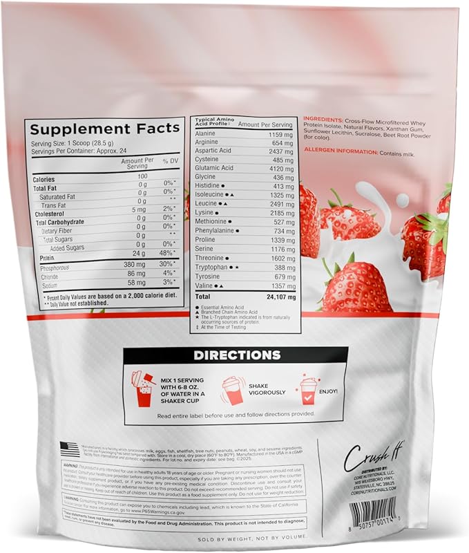 Core Nutritionals ISO Whey Protein Isolate | High-Purity Protein from Whey Isolate | Lean Muscle &amp Recovery Support | 32 Servings (Strawberries N' Cream)