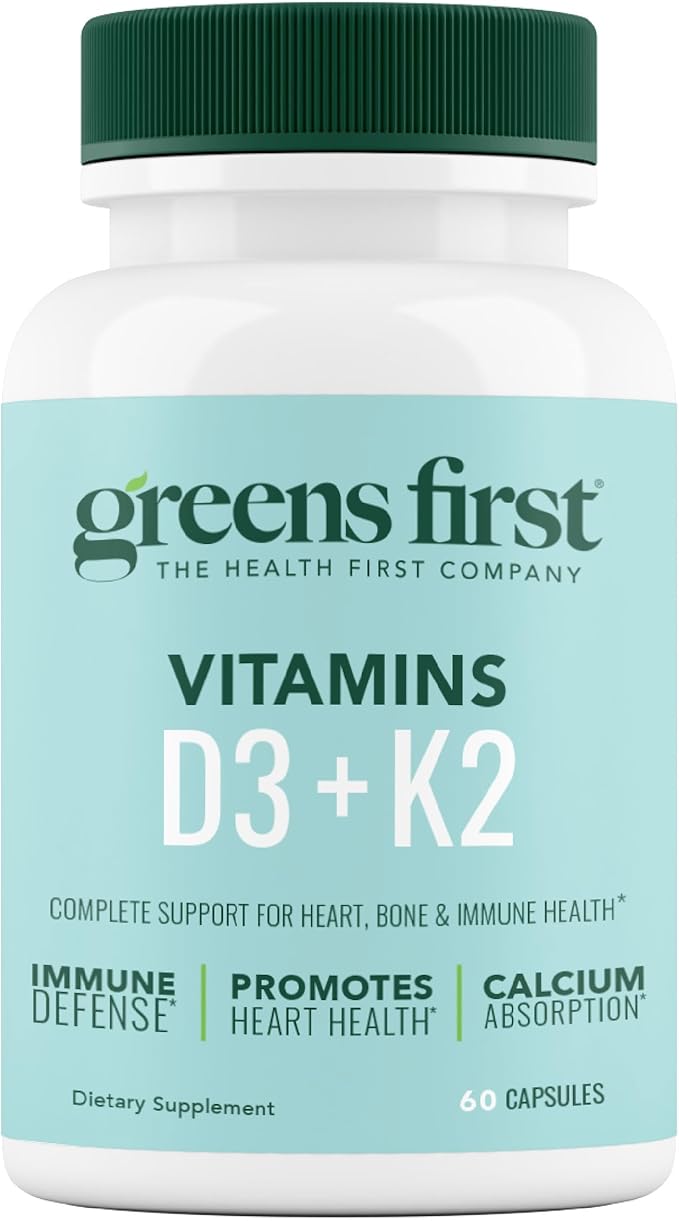 Greens First Vitamins D3+K2 - Support for Heart Bone Vascular and Immune Health - Made with Vitamin D3 &amp Vitamin K2-60 Vegetable Capsules