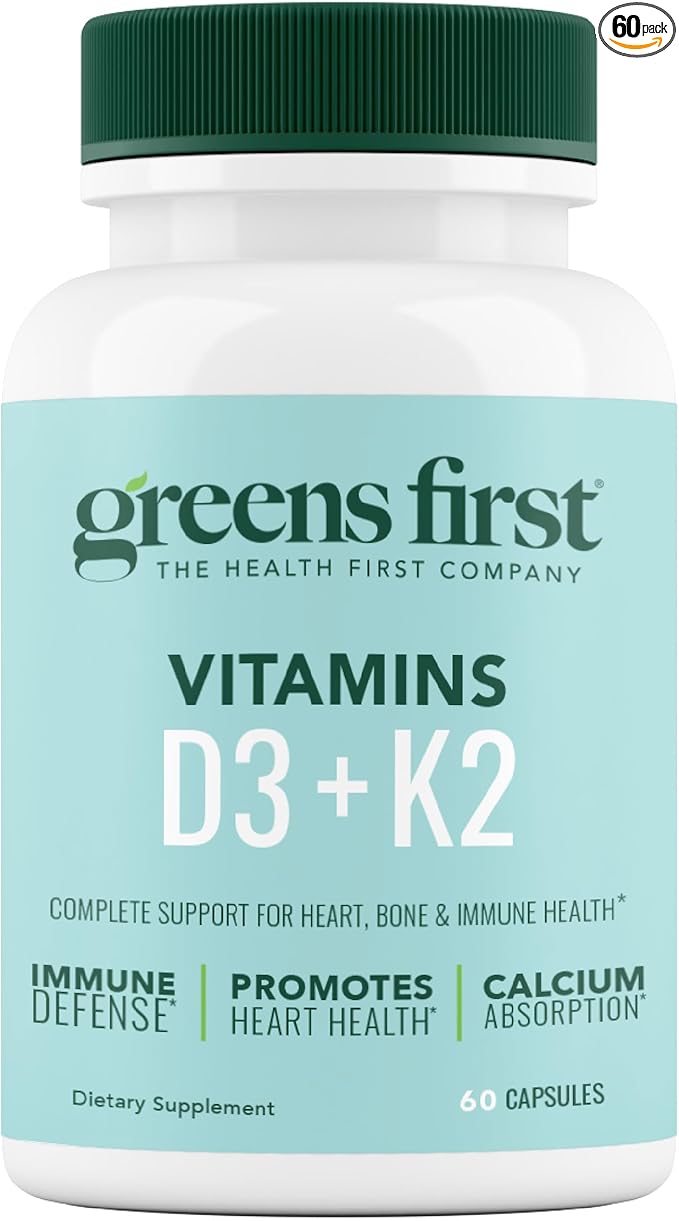 Greens First Vitamins D3+K2 - Support for Heart Bone Vascular and Immune Health - Made with Vitamin D3 &amp Vitamin K2-60 Vegetable Capsules