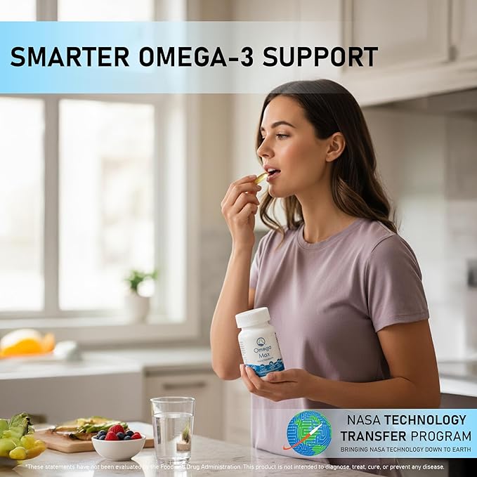 Omega Max No Burp Fish Oil Dietary Supplement - Omega 3 EPA DHA Supplement for Heart Brain and Vision - Premium Fish Oil Co-Developed by NASA 60 ct Enteric Softgels (2000mg/serving)