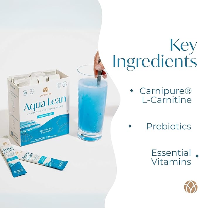 PURE Aqua Lean | L-Carnitine &amp Prebiotics for Energy Support | Vegan Sugar-Free Gluten-Free Caffeine-Free | Helps Support Metabolism &amp Digestive Health | 28 Convenient Stick Packs