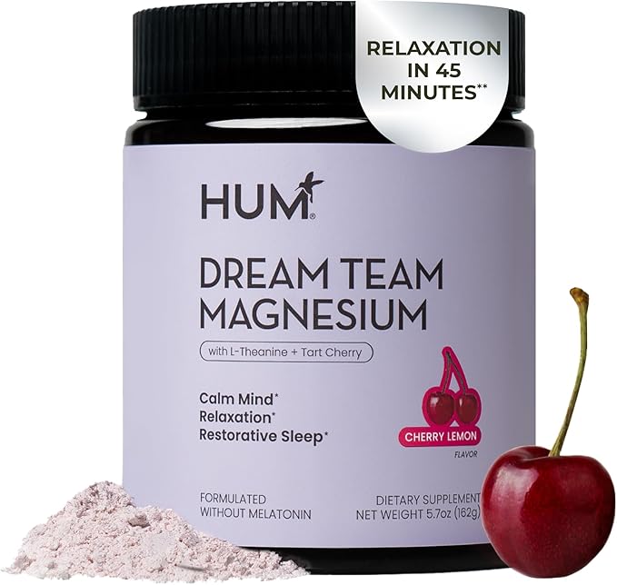 HUM Nutrition Flatter Me Fiber + Dream Team Magnesium Powder Bundle – Digestive Support Fiber &amp Magnesium Bisglycinate Drink Mix with L-Theanine &amp Tart Cherry Cherry Lemon 2-Product Wellness
