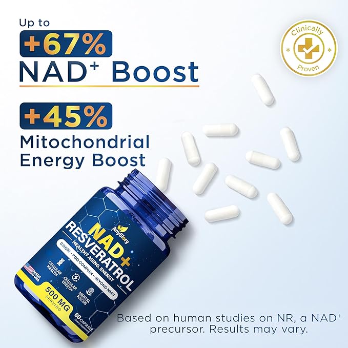 NAD+ Supplement with 500mg NR Resveratrol CoQ10 PQQ- 5-in-1 NAD Formula |NMN Supplement Alternative|NAD Resveratrol Support Cellular Energy &amp Healthy Aging-Made in USA-60 Capsules