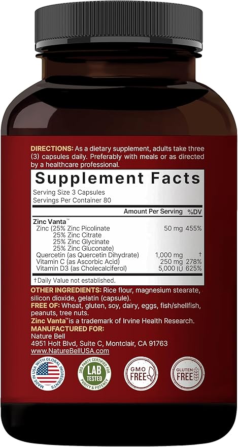 NatureBell Zinc Quercetin with Vitamin C &amp D3 240 Capsules | Quercetin 1000mg + Zinc 50mg + Vitamin C 250mg + Vitamin D3 5000 IU | 4-in-1 Advanced Immune &amp Lung Support | ZincVanta Formula