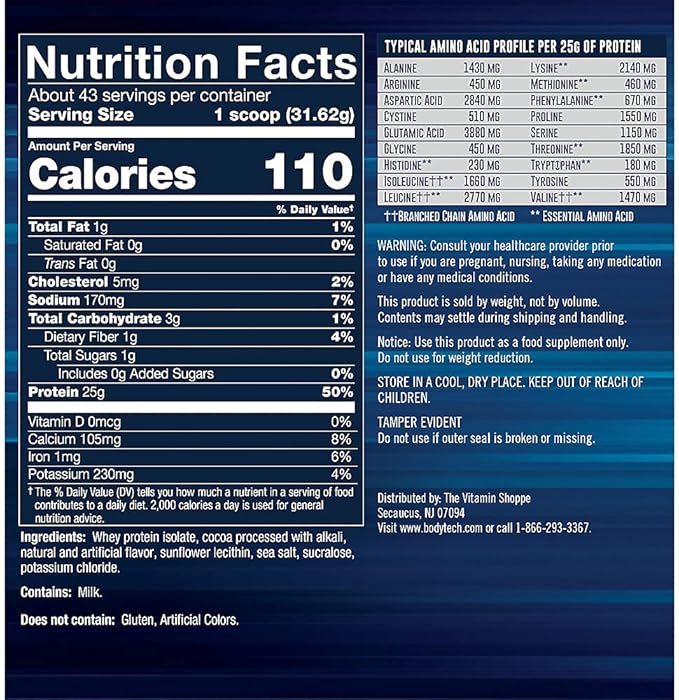 BodyTech Whey Protein Isolate Powder Rich Chocolate Flavor 25g Protein per Serving High Concentrated Protein Powder with Amino Acids &amp BCAAs for Men and Women Gluten Free 3 lb 43 Servings