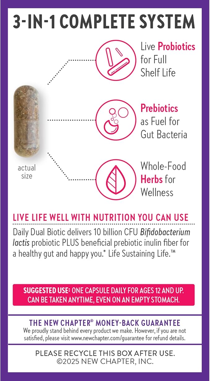 New Chapter Daily Dual Biotic Probiotic + Prebiotic for Digestion &amp Microbiome Health 100% Vegan Soy Free Non-GMO 60 Count (2 Month Supply)