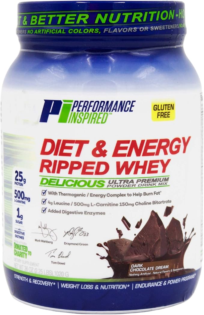 Performance Inspired Nutrition Diet &amp Energy Ripped Whey Protein – 25G Protein – 4G Leucine – L-Carnitine – Green Tea Extract – Dark Chocolate Dream – 2.3lb