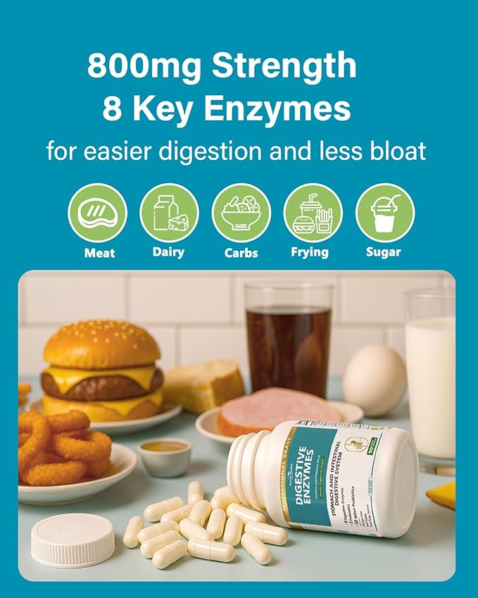800mg Digestive Enzymes for Men and Women with Probiotics &amp Prebiotics 8 Key Enzymes Protease Amylase &amp Lipase | 180 Capsules - A 60-Day Supply for Bloating &amp Gas Relief - Non-GMO