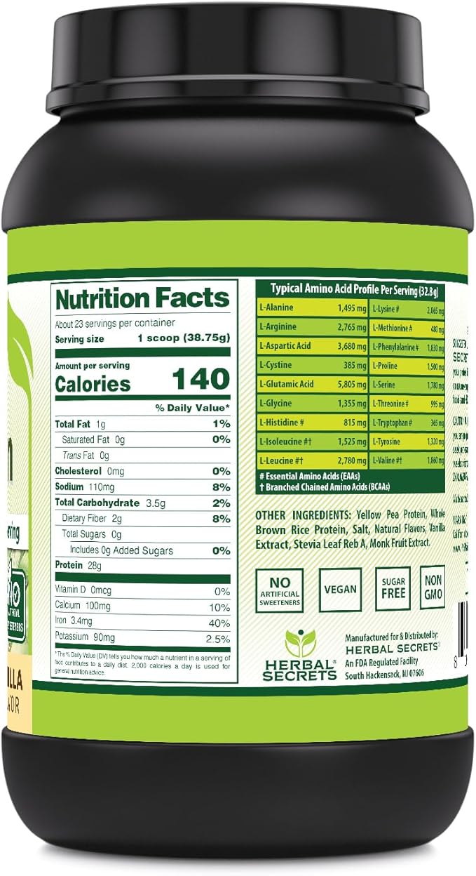 Herbal Secrets Plant Protein 2 Lb Powder | 28 Grams Protein per Serving | 6.1 Grams BCAA | Vegan Supplement | 23 Servings | Made in USA (2 Lb Vanilla)