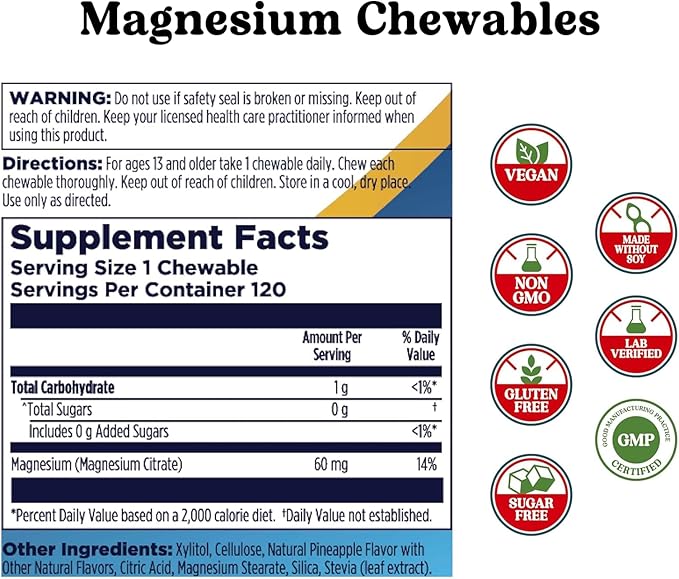 KAL Magnesium Citrate Chewables and Magnesium Glycinate 350 Bundle Nerve Bone Muscle and Enzyme Support 120 Chews 240 VegCaps