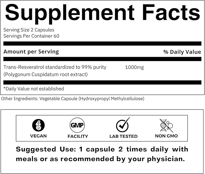 Ultra High Purity Resveratrol Capsules - 99% Trans-Resveratrol - Japanese Knotweed Extract - Support Immunity Support Healthy Aging - 60 Caps Reservatrol Supplement
