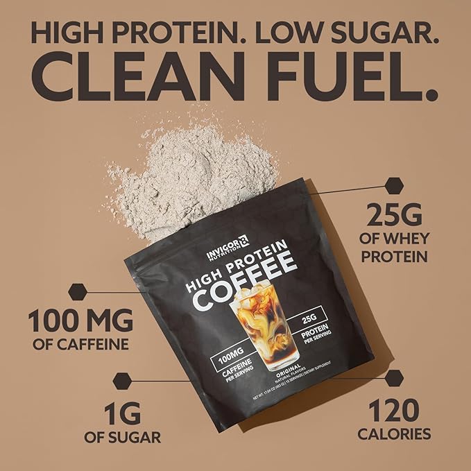INVIGOR8 High Protein Coffee Powder 25 Grams Whey Isolate100mg Natural Green Tea Caffeine | 0 Added Sugar Keto Gluten Free 99.9% Lactose Free | Hot or Iced15 Serving 15 Servings (17 OZ Original)
