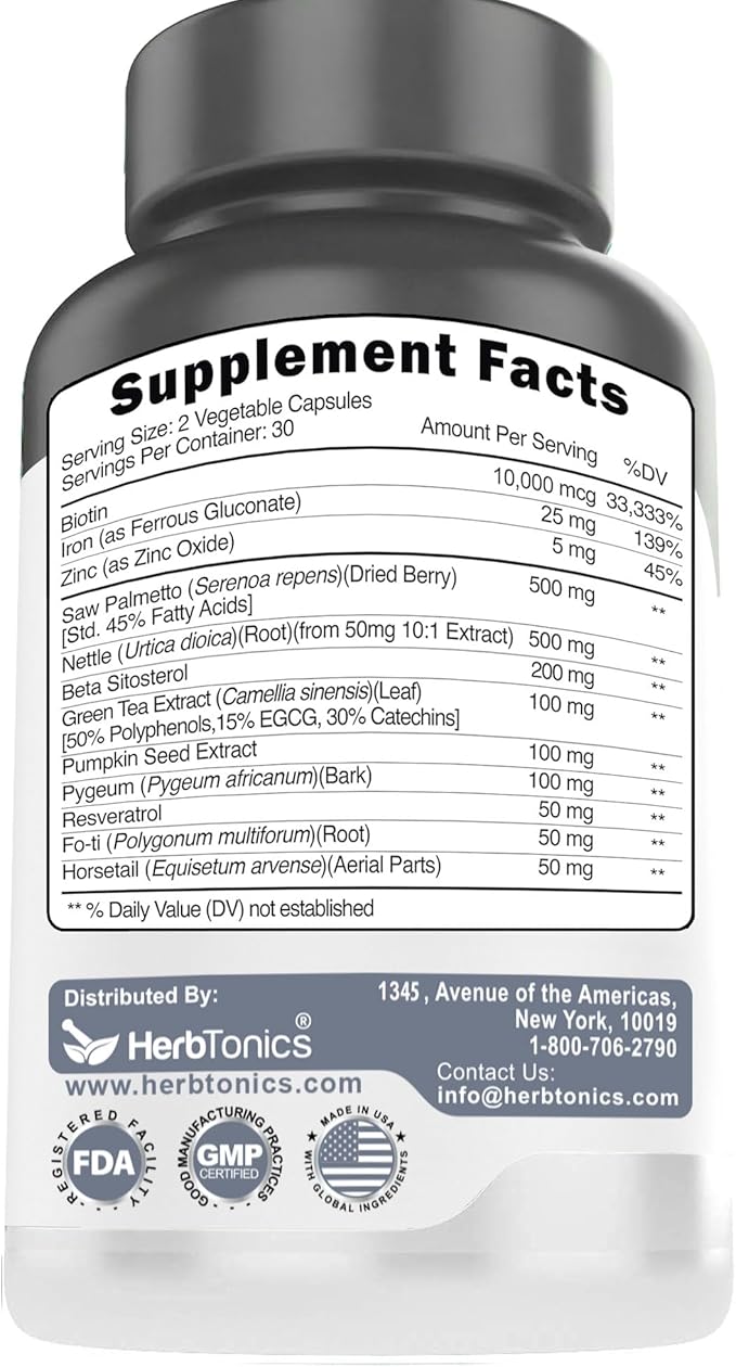 Hair Growth Vitamins for Women &amp Men | DHT Blocker with Saw Palmetto &amp 10000mcg Biotin Foli Tonic Hair Growth Supplement – Supports Fuller Thicker Hair Appearance Non-GMO 60 Vegan Capsules