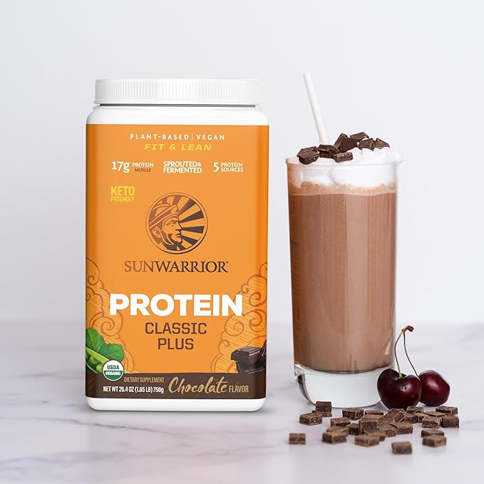 Sunwarrior - Classic Plus Vegan Protein Powder with Peas &amp Brown Rice Raw Organic Plant Based Protein Chocolate 30 Servings