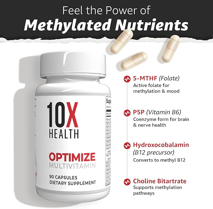 10X Health Optimize Methylated Multivitamin for Men - 90 Capsules 34 in 1 Formula with 800 mcg of Vitamin B12 5-MTHF NAC - Methyl B Complex
