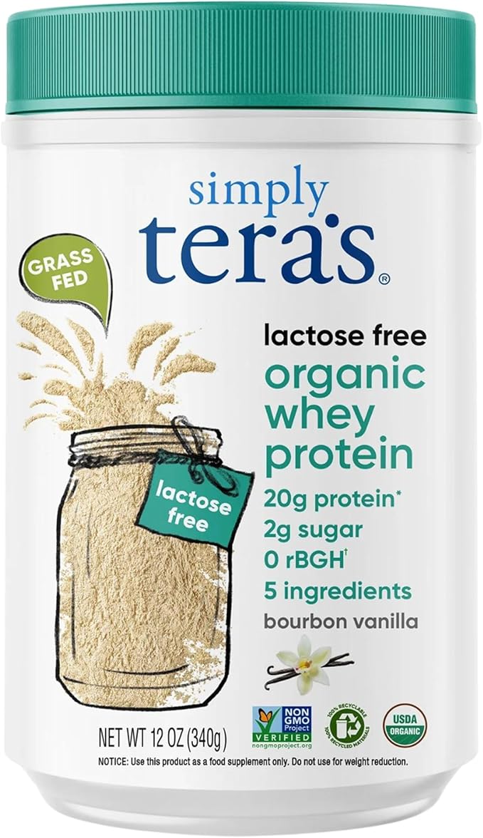 simply tera's Lactose Free Organic Whey Protein Powder - Lactose Free Vanilla 20g of Protein Per Serving Non-GMO Gluten-Free rBGH-Free Kosher - 12 Oz.