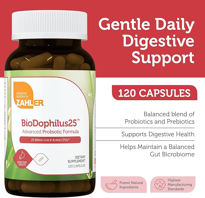Zahler BioDophilus25 25 Billion CFU Probiotic + Prebiotic - 11 Strains Daily Probiotic Supplement - Kosher Probiotics for Women for Digestive Health Probiotics for Men for Gut Health (120 Capsules)