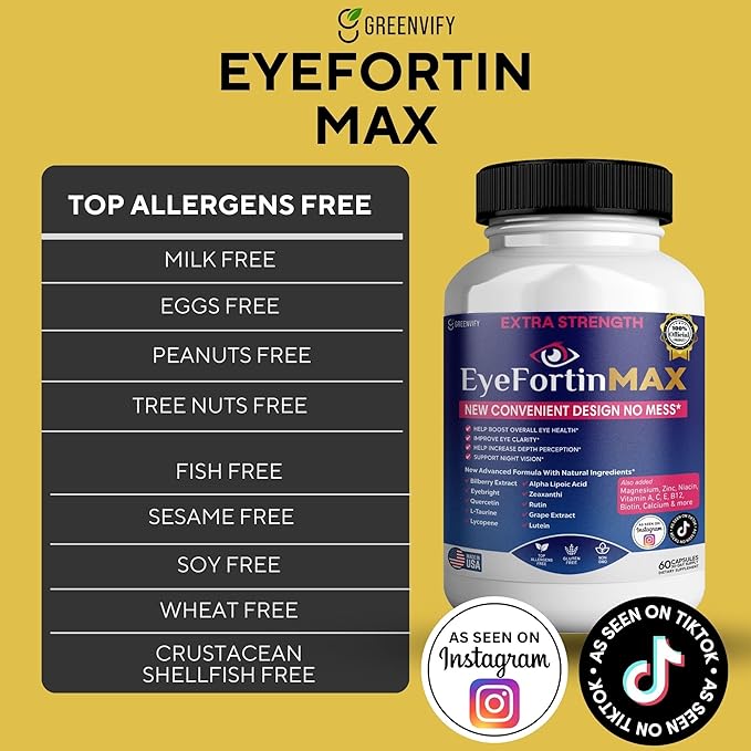 EyeFortin MAX Eye Health Supplement 60 Capsules Extra Strength with Lutein Vitamins A C E B12 Bilberry Extract 30 Day Supply (10)