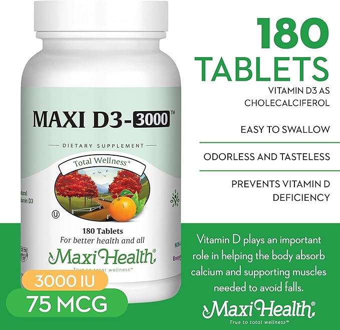 Maxi Health Vitamin D3 3000 IU 75 mcg Vitamin D Supplement for Healthy Bones Teeth Immune Support - VIT D3 Supplement Easy to Swallow Non-GMO Supplement for Men and Women – Kosher (180 Tablets)