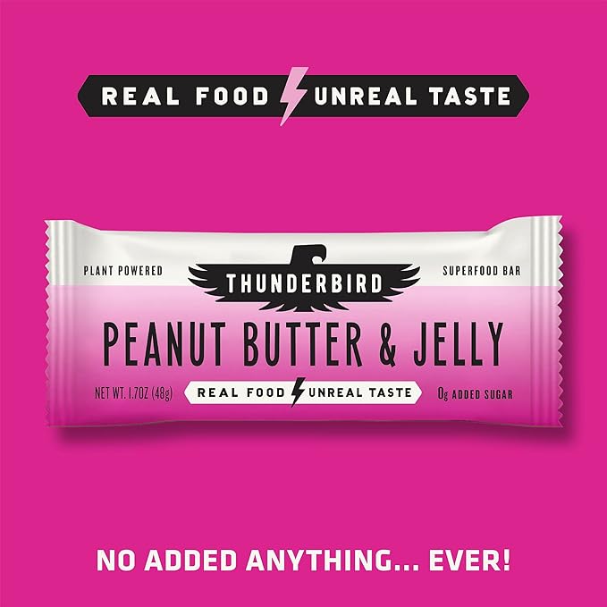 Thunderbird Bars Energy Snack Gluten-Free with Protein Healthy Real Food Vegan Non-GMO No Added Sugar (12 Count 1.7 oz. Bars) (Peaut Butter Jelly)