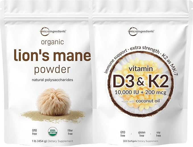 Micro Ingredients Vitamin D3 10000iu + K2 200mcg Coconut Oil Softgels &amp Lions Mane Mushroom Supplement Powder Bundle 2 Pack | Essential Sunshine Vitamins | Natural Superfood for Brain Energy &a