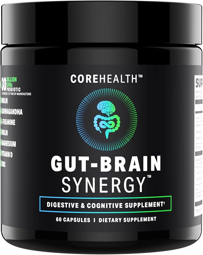 Gut-Brain Synergy Probiotic &amp Nootropic – 30Billion CFU Psychobiotic + Prebiotic with Ashwagandha L-Theanine &amp Zinc for Gut Health Mood Support Stress Relief Bloating Relief &amp Brain Fo
