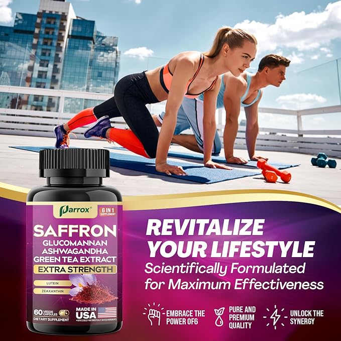 Saffron Supplement with Glucomannan Ashwagandha Green Tea Extract Zeaxanthin &amp Lutein Vision Support &amp Daily Wellness Formula Extra Strength Plant-Based Capsules 6 Month Supply (3 Pack)