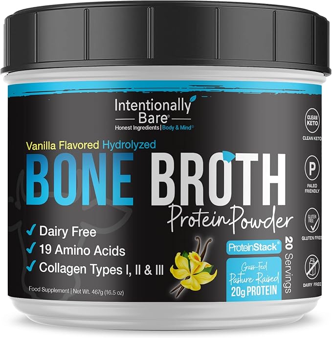 Intentionally Bare Bone Broth Protein Powder Vanilla - Grass Fed Protein Powder with Multi Collagen Peptides Type 1 2 and 3 - Dairy Free Bone Broth Powder for Skin Gut and Joint - 20 Servings