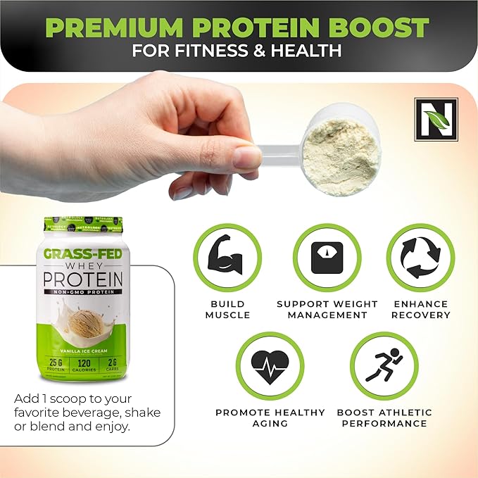 Nutrology Grass-Fed Whey Protein Powder Cold-Processed Grass Fed Whey &amp Amino Acid Powder for Enhanced Lean Muscle Recovery &amp Performance 28 Servings Shake Blend or Bake Vanilla Ice Crea