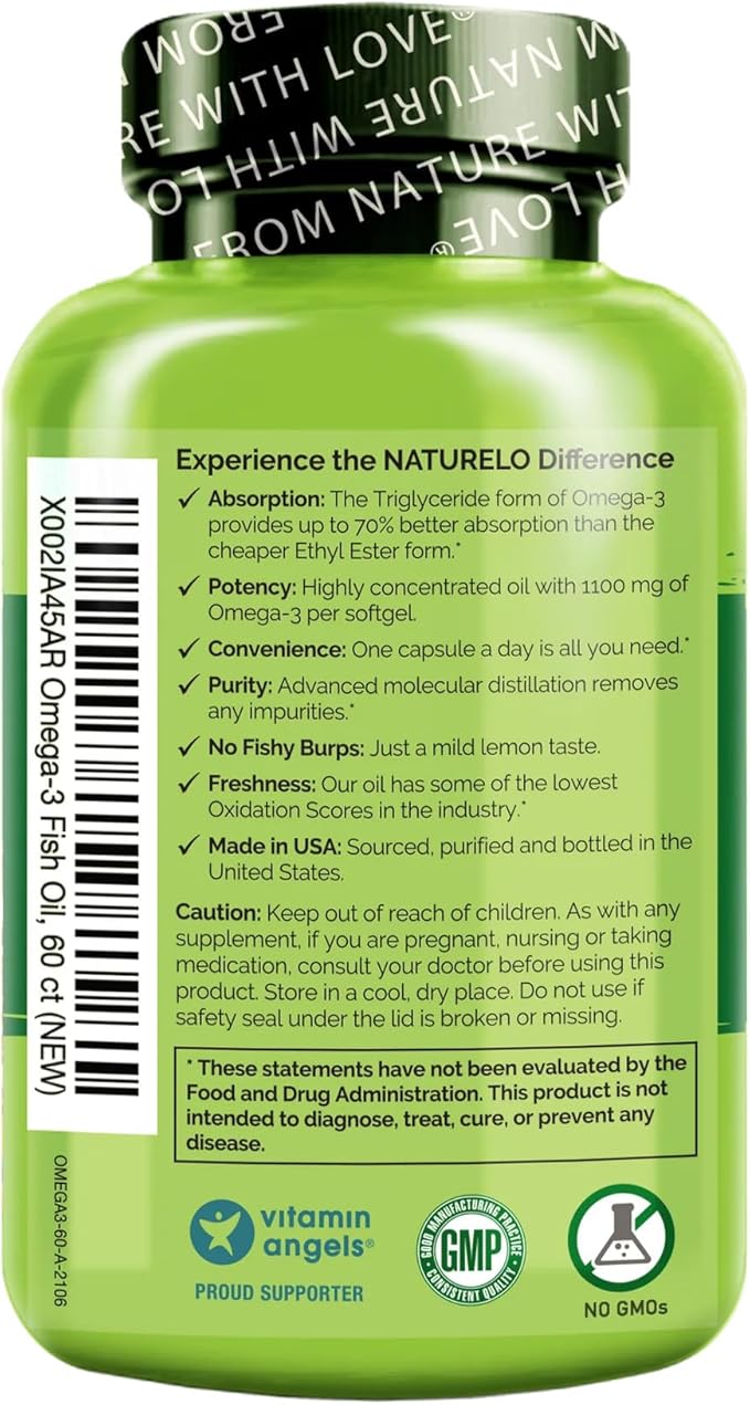 NATURELO Burpless Omega 3 Fish Oil Supplement - 1100mg Triglyceride Omega-3 EPA + DHA Liquid Fish Oil for Heart Eye Brain Joint Health - 60 Softgels 2 Months Supply