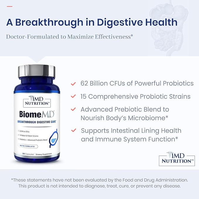1MD Nutrition BiomeMD Probiotics | 62 Billion CFUs 15 Comprehensive Strains - Pro &amp Prebiotics | Doctor-Formulated for Digestive Health &amp Immune Support | 60 Capsules