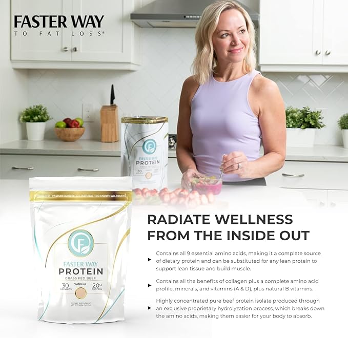 Faster Way - Protein Powder - Hydrolyzed Grass Fed Beef - 20g of Protein Per Serving - Muscle Growth &amp Recovery - 9 Essential Amino Acids - Sugar Gluten &amp Dairy Free - Non-GMO - Vanilla - 30