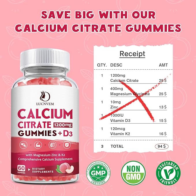 (2 Pack) Calcium Citrate 1200mg with Vitamin D3 Supplements Gummies for Women &amp Men Calcium Gummies with Vitamin D3 K2 High Absorption for Bone Muscle Healthy- Peach Flavor- 60 Day Supply