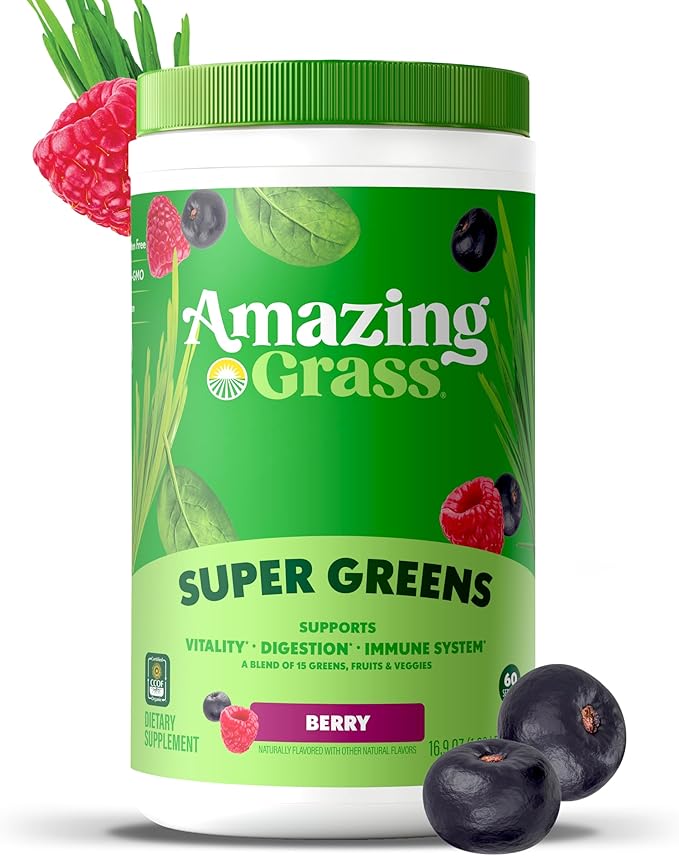 Amazing Grass Greens Blend Superfood: Super Greens Powder Smoothie Mix with Spirulina Chlorella Beet Root Powder Digestive Enzymes &amp Probiotics Berry 60 Servings (Packaging May Vary)