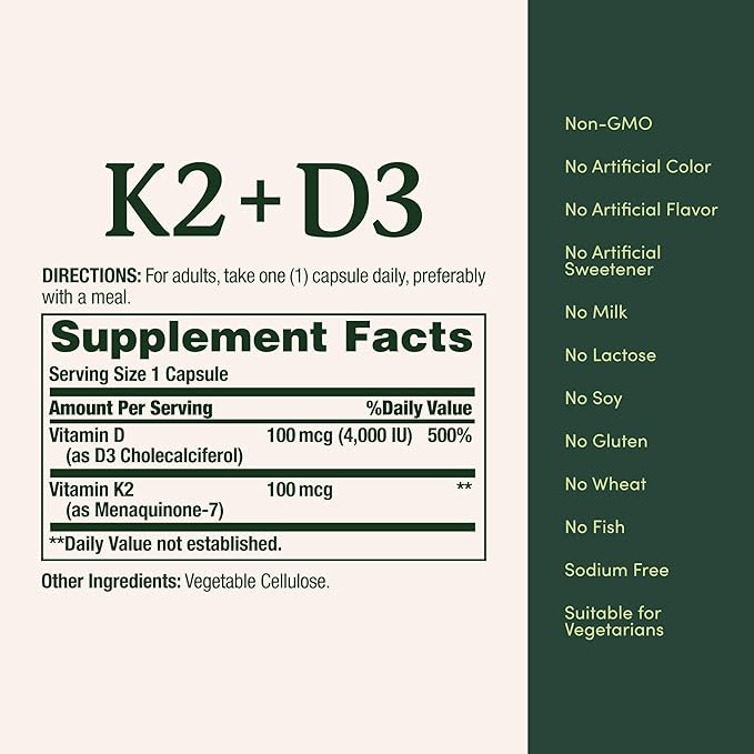Nature's Bounty Vitamin D3 K2 Supplement 4000 IU Vita D3 Plus 100 mcg of Vitamin K Supplements for Adults for Heart &amp Bone Health Support 30 Day Supply 30 Vegetarian Capsules (Pack of 3)