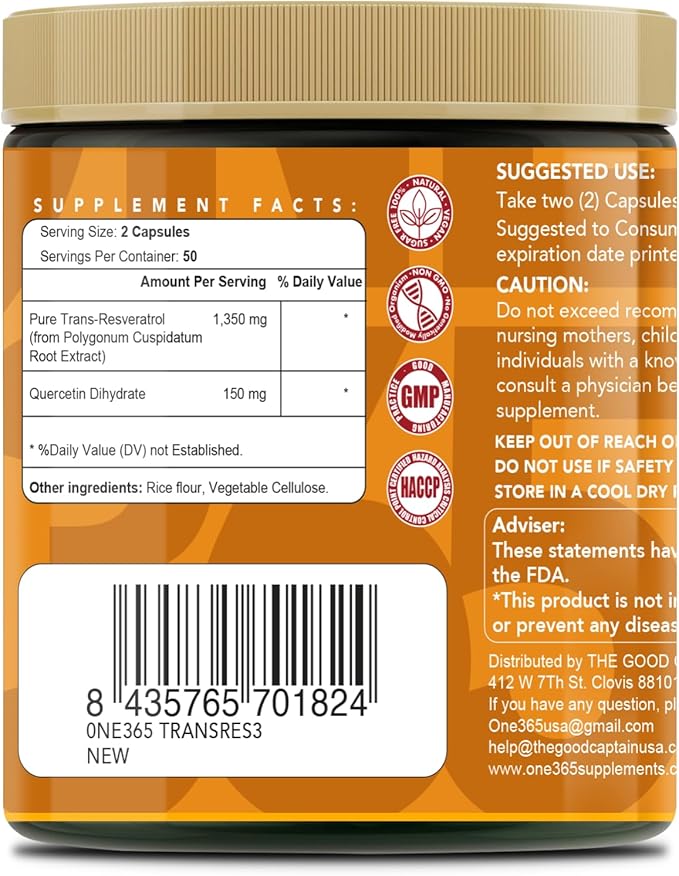 Trans Resveratrol Supplement with Quercetin Antioxidant and Healthy Aging Support Promotes Health Cellular Heart Brain &amp Immune Function 1500mg Vegan Natural Capsules 90 Count