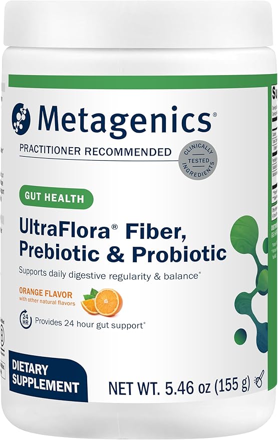 Metagenics UltraFlora Fiber Prebiotic &amp Probiotic - 3-in-1 Triple Action Gut Support Powder for Daily Regularity and Microbiome Balance - Smooth Non-Gritty Formula - 30 Servings