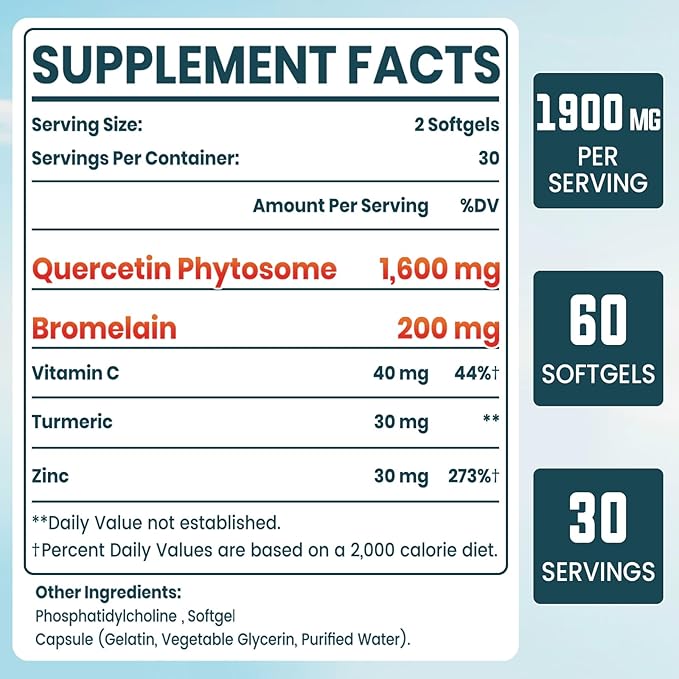 Liposomal Quercetin Phytosome Quercetin with Bromelain Zinc &amp Vitamin C Bioactive Phytosome Complex 20X Higher Absorption - 60 Softgels