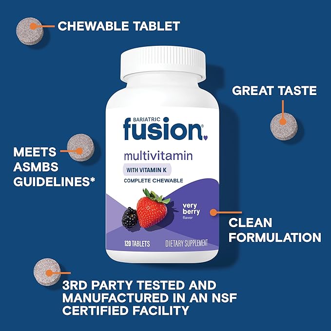 Bariatric Fusion Very Berry Complete Chewable Bariatric Multivitamin with Iron and Vitamin K for Bariatric Surgery Patients Including Gastric Bypass and Sleeve Gastrectomy - 120 Tablets