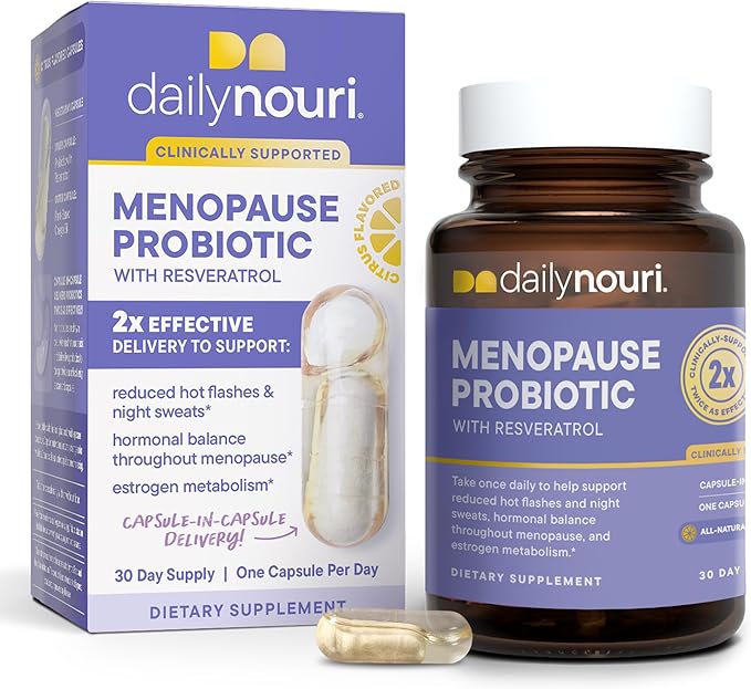 Daily Nouri Menopause Probiotics for Women | Hormonal Balance Hot Flashes Night Sweats &amp Gut Health | 3 Clinically Studied Strains + Resveratrol &amp Omega | 30-Day Supply